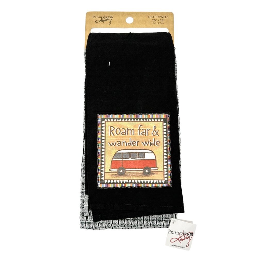 Primitives by Kathy Set of 2 Dish Towels 20x28 Black Roam Far Wander Wide NWT